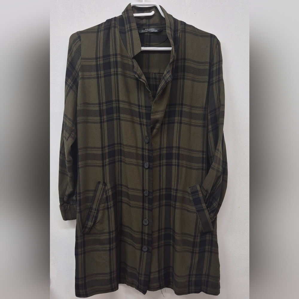 Zara Olive Plaid Button Shirt Dress Tunic Medium Comfy Soft Everyday Casual
